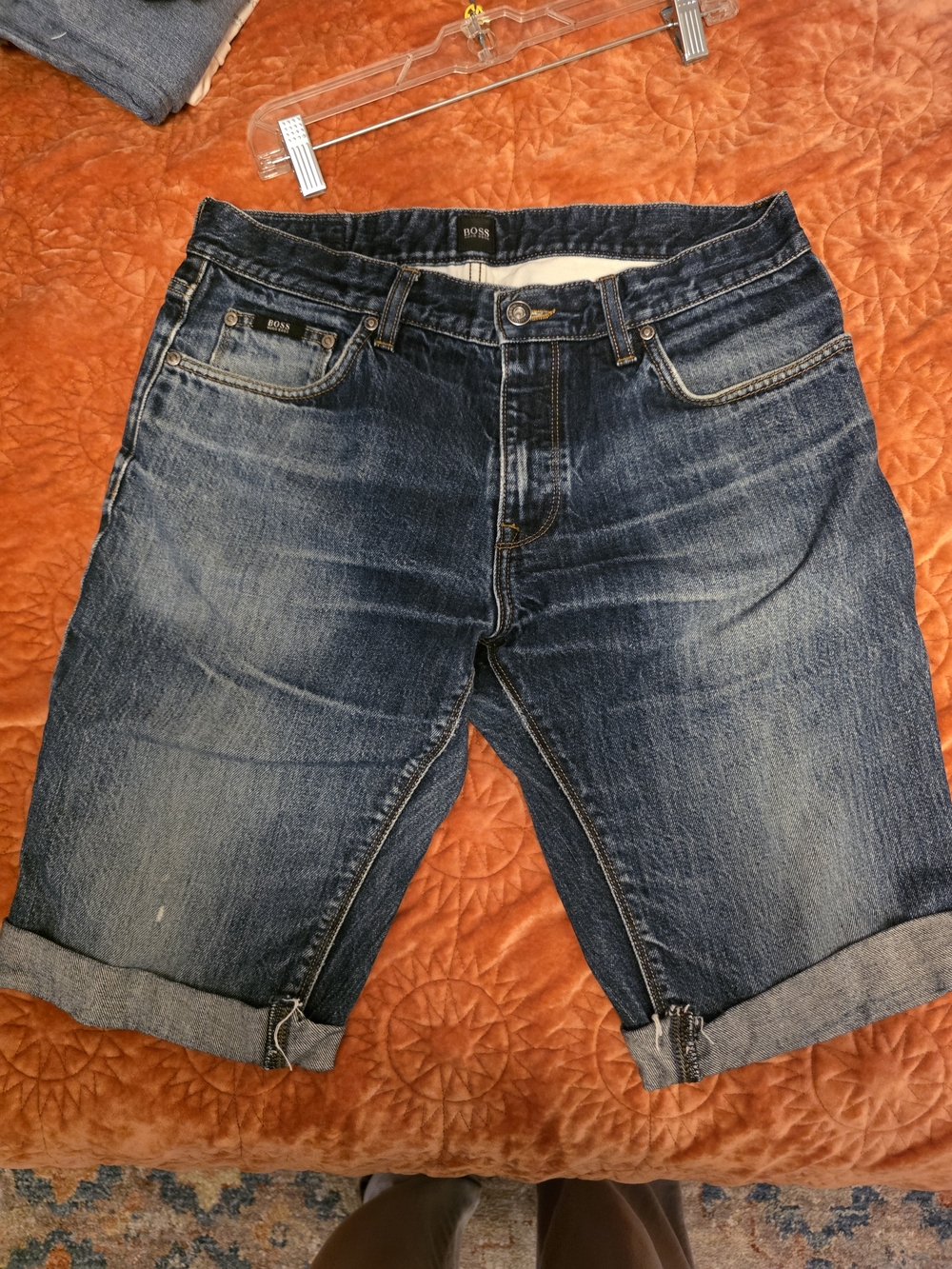 Boss Dark Wash Rolled Hem Denim Shorts MENS